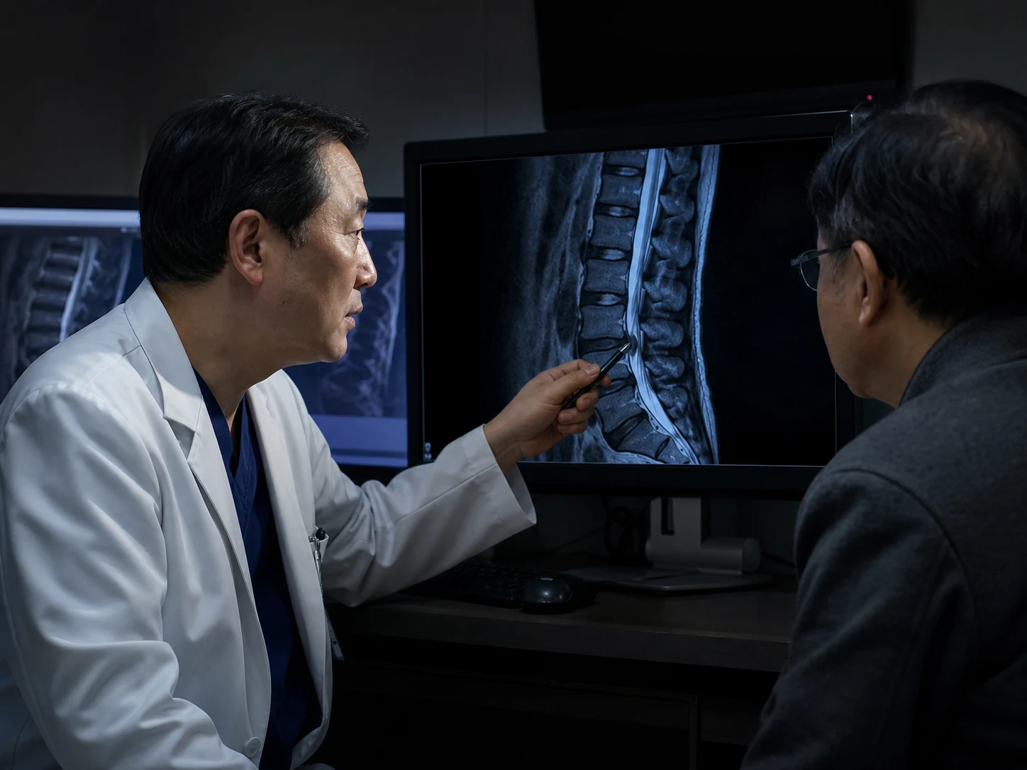 판독실에서 의사가 요추 MRI 영상을 가리키며 환자 보호자에게 설명하는 모습