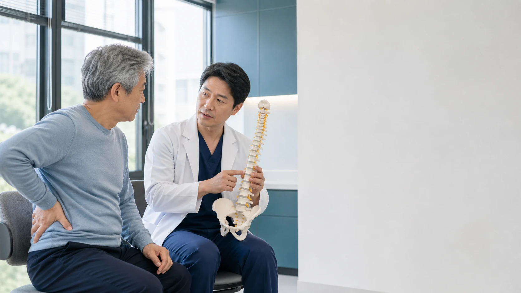 정형외과 진료실에서 의사가 척추 모형을 보여주며 환자에게 척추관협착증 치료 방법을 설명하는 모습
