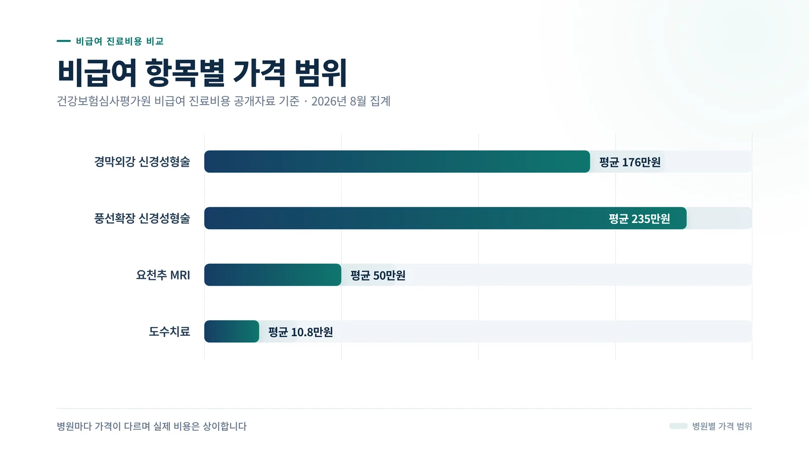 비급여 항목별 가격 범위를 보여주는 데이터 비주얼 인포그래픽