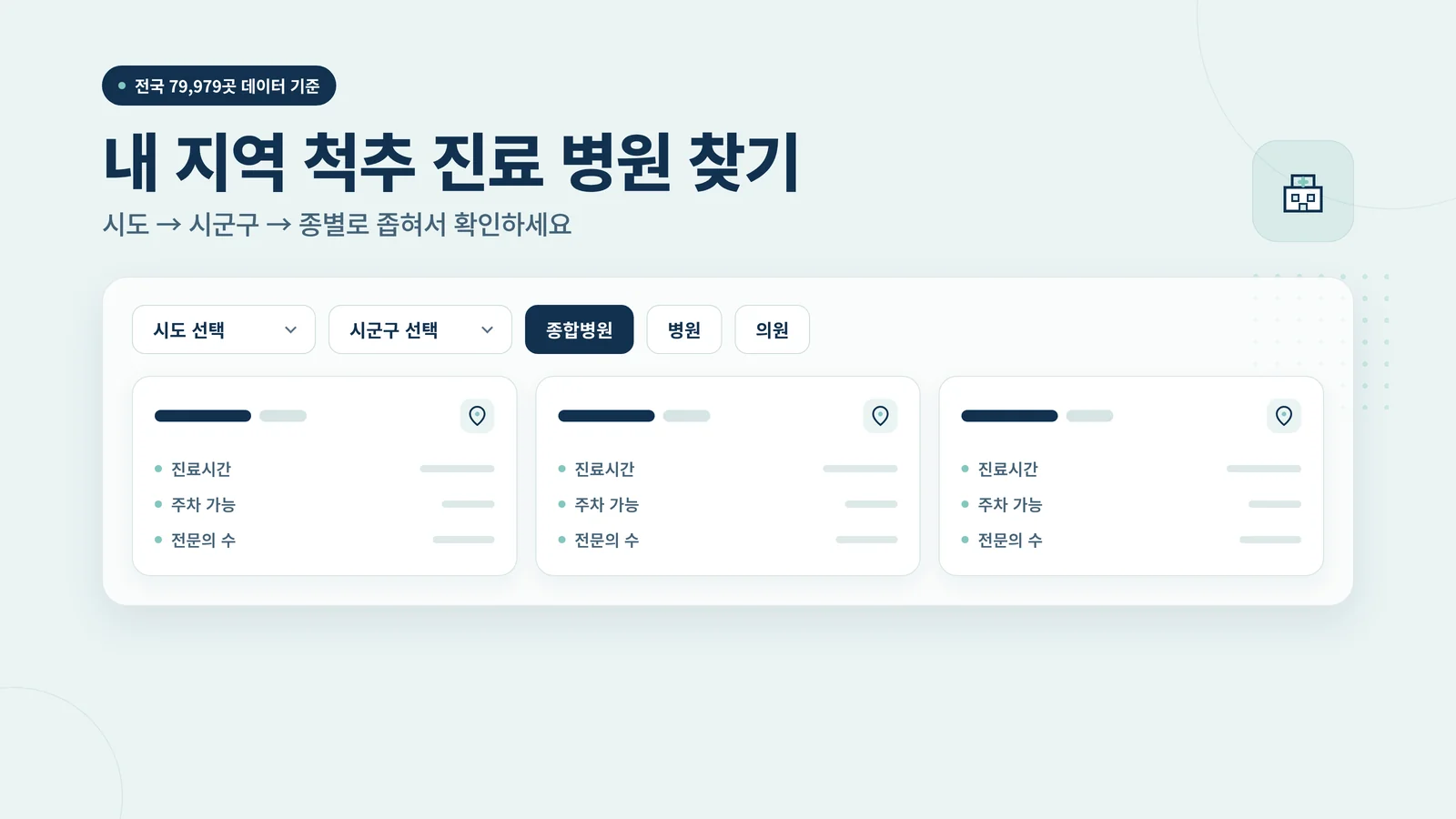 시도, 시군구, 종별 필터로 병원을 검색하는 화면 UI 목업